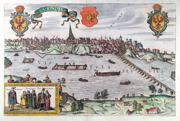Mapa de Varsóvia, de &39;Civitates Orbis Terrarum&39; por Georg Braun (1541-1622) e Frans Hogenberg (1535-90), 1599