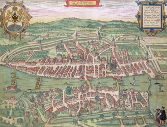 Mapa de Zurique, de «Civitates Orbis Terrarum» de Georg Braun (1541-1622) e Frans Hogenberg (1535-90), cerca de 1572-1617