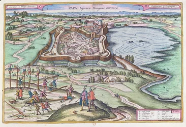 O forte húngaro de Papa na época dos cercos otomanos, de "Le Theatre du Monde", de Georg Braun (1541-1622), publicado em Colônia, 1572-1618, 1617