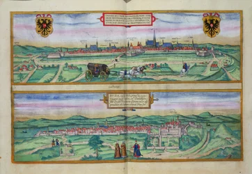 Plano da cidade de Viena e Buda, de &39;Civitates Orbis Terrarum&39; por Georg Braun (1541-1622) e Frans Hogenberg (1535-90), c.1572