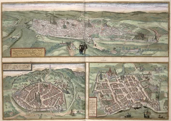 Planos urbanos de Rouen, Nimes e Bordeaux, de "Civitates Orbis Terrarum" por Georg Braun (1541-1622) e Frans Hogenberg (1535-90), c.1572