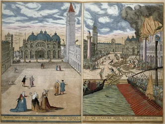 Vista de San Marco e do Palazzo Ducale em chamas, de &39;Civitates Orbis Terrarum&39; por Georg Braun (1541-1622) e Frans Hogenberg (1535-90) 1578