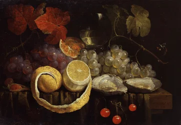 Natureza-morta de frutos e ostras. Pintura de Joris van Son (1623-1667) Coleção particular.