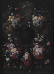 Cartouche de pedra com guirlanda de frutas e flores