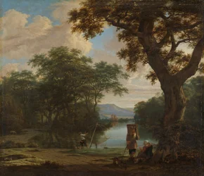 Paisagem com pescador com uma rede quadrada