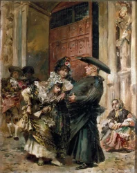 "A saída da missa: duas mulheres examinando a barriga de um padre na saída de uma igreja. Pintura de Jose Denis Belgrano (1844-1917), 2ª metade do século XIX. Óleo sobre tela.