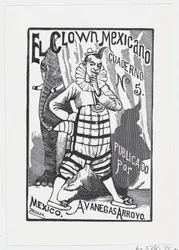 Um palhaço de pé com uma mão na anca e um elefante a espreitar por trás..., ca. 1880-1910.