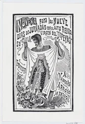 Um homem segurando um pedaço de tecido com uma imagem da Virgem, ilustração para ..., ca. 1880-1910.
