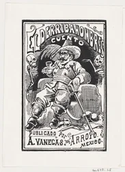 Um homem com armas e um cano na boca flanqueado por dois esqueletos, ilustração..., ca. 1880-1910.