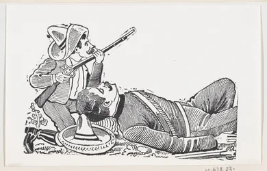 Um revolucionário segurando uma espingarda e ajoelhando-se para proteger um revolucionário caído, c..., ca. 1880-1910.