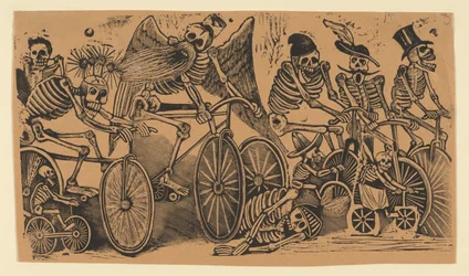 Calaveras esqueletos a andar de bicicleta, ca. 1900., ca. 1900.