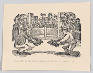 Dois homens em uma arena segurando galos em preparação para uma luta, esp..., ca 1890-1910 reimpresso em 1964.