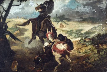 Cena extraída de Don Quichotte de Cervantes - Cena de Don Quijote de la Mancha de M. de Cervantes, de Jimenez Aranda, Jose (1837-1903). Óleo sobre tela