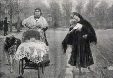 No Jardim das Tuileries em Paris - O contraste - gravura após a pintura de José Villegas Cordero (1844-1921)