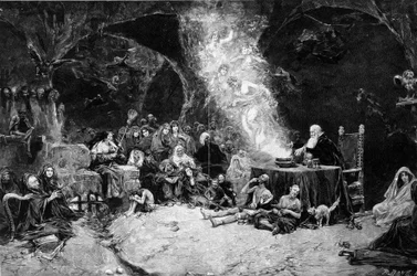 No sábado, um feiticeiro preside à cerimónia de convocação de criaturas num caldeirão mágico. As bruxas assistem à cena. De um Desenho de José Benlliure y Gil (1855-1937)