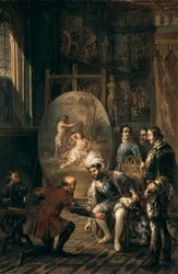 "Imperador Carlos V (1500-1558) pegando o pincel do pintor Tiziano Vecellio, conhecido como Ticiano (1485-1576), pintor na corte do imperador" Pintura de José Felipe Parra (1824-1864) Século XIX Valência, Museo de Bellas Artes San Pio V