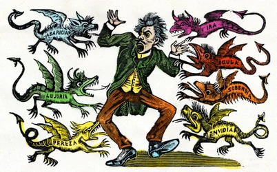 José Guadalupe Posada (1852 - 1913): Alegoria dos sete pecados capitais. Gravura xilográfica a aguarela. México