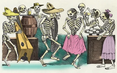 Os mortos vivos: "" Gran Fandango y Francachela de todas las Calaveras "", xilogravura de José Guadalupe Posada (1852 - 1913) que ilustra as festividades do Dia dos Mortos (1 de novembro). México.