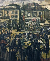 GUTIERREZ SOLANA, José (1886-1945). El cartel del crimen (El musico ciego) - o cartel do crime (o músico cego). ca. 1920. (78 x 64 cm). Óleo sobre tela. Coleção particular