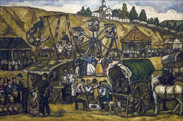 GUTIERREZ SOLANA, José (1886-1945). Festa no prado de San Isidro em Madrid (festa no prado de San Isidoro, Madrid). 1933. Óleo sobre tela. Coleção particular