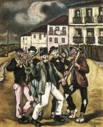 GUTIERREZ SOLANA, José (1886-1945). Mascaras vinateras (máscaras de comerciantes de vinho). 1944-1945. Óleo sobre tela. Coleção particular