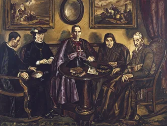 GUTIERREZ SOLANA, José (1886-1945). A Visita do Bispo. 1926. (161 x 211 cm). Óleo sobre tela. ESPANHA. MADRID (COMUNIDADE AUTÓNOMA). Madrid. Museu Nacional Centro de Arte Reina Sofia