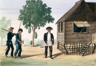 Um prisioneiro liderado por um policial e um conselheiro, em "O álbum de vistas da Flebus em Manila e arredores", c.1845