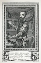 MAEA, José (1760-1826). Retrato de Garcilaso de la Vega. 1791. Desenho de Jose Maea gravado a buril por Bartolome Vazquez. Gravura.