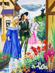 Casal a admirar flores (guache sobre papel)