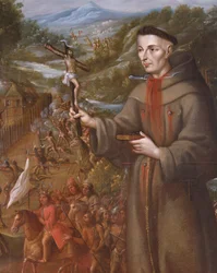 Destruição pelos índios da missão de St. Saba no Texas e martírio do frade franciscano José de Sanriesban (detalhe) (óleo sobre tela)