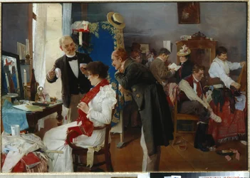 "No Camarim" Artistas preparando-se para a exposição Pintura de Josef Douba (1866-1928) Fim do século 19 Óleo sobre tela - Coleção Particular