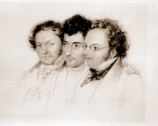 Da esquerda para a direita: Jenger, Httenbrenner e F. Schubert. Acquarelle, de Feltscher.