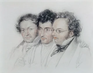 Da esquerda para a direita, amigos dos compositores Johann Baptist Jenger (1793-1856), Anselm Huttenbrenner (1794-1868) e Franz Schubert (1797-1828), pastel de Josef Teltscher