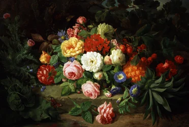 Natureza-morta de flores de verão (rosas, prímulas) e frutos (ananases, cerejas). Pintura de Josef Lauer (1818-1881) Coleção particular.