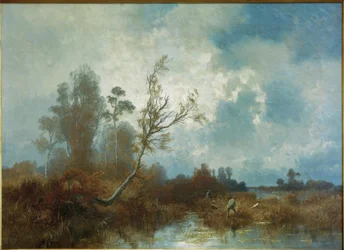 Dia de outono no musgo Dachau com caçadores e cães