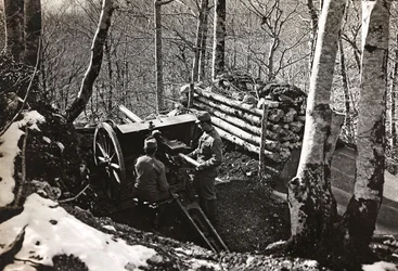 Álbum "Meine weltkriegs - Erinnerungen South-West Front (Caríntia, Itália, Tirol do Sul) (My world war - memories of the South-Western Front in Carinthia, Italy, Trentino-Alto Adige) 31/03/1915-12/11/1918 - Josef Zohles Wien ": Soldados com canhão (p/b p