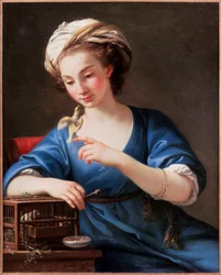 Mulher jovem em traje turco a brincar com um pássaro fora da gaiola. Usa um turbante e uma pulseira de pérolas. Pintura de Joseph-Marie Vien (Joseph Marie Vien