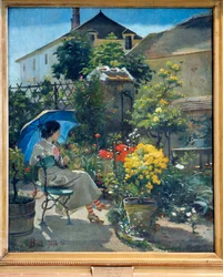 No jardim Uma jovem mulher com um guarda-chuva e rodeada de flores. Pintura de Joseph Bail (1862-1921) Século XX. Lyon, Museu de Belas Artes