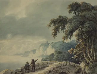 Paisagem com árvores, ponte e figuras