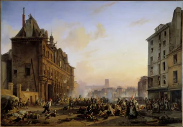 Les Trois Glorieuses (27, 28 e 29 de Julho): "Ataque da Câmara Municipal de Paris em 28/07/1830" Pintura de Joseph Beaume (1796-1885) 1831 Sol. 1,45x2,1 m
