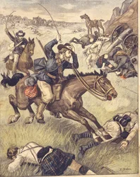 Comando bôer atacando a patrulha britânica durante as Guerras Anglo-Zulu e Anglo-Boer de 1850-1902, ilustração