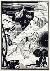 Havia uma grande variedade de árvores altas e nobres, carregadas de frutos marinhos, como lagostas, caranguejos, ostras, de The Surprising Adventures of Baron Munchausen, pub. 1895 (gravura)