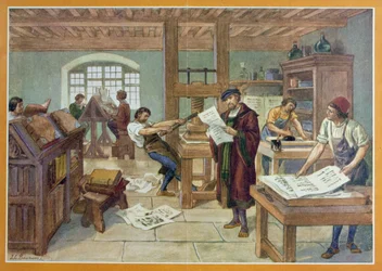 A invenção da impressão com tipos móveis por Gutenberg, ilustração do "Primeiro livro de história de França" de A. Aymard, publicado pela Hachette