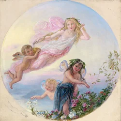 Um Sylph e seus assistentes de fadas, protegendo o orvalho do amanhecer