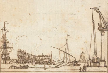 Cena da Doca: Barcos e Navios de Vários Tamanhos; Construção Naval; Máquinas tipo Pully com Operadores