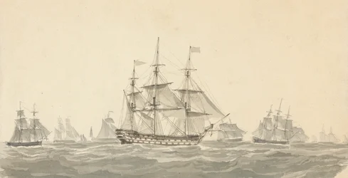 Vista lateral do navio de guerra rodeado por vários outros em mares pesados