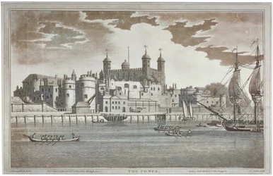 Veja a Torre de Londres do Rio Tâmisa com barcos no rio, 1795
