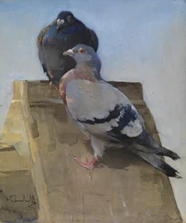 Pombos no telhado (guache sobre linho)