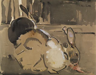 Dois coelhos, um a comer cenouras (lavagem e cor corporal sobre papel)