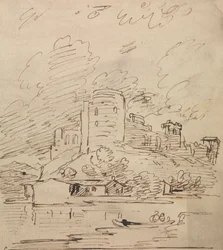 Castelo com uma Torre Redonda Sobre um Rio
